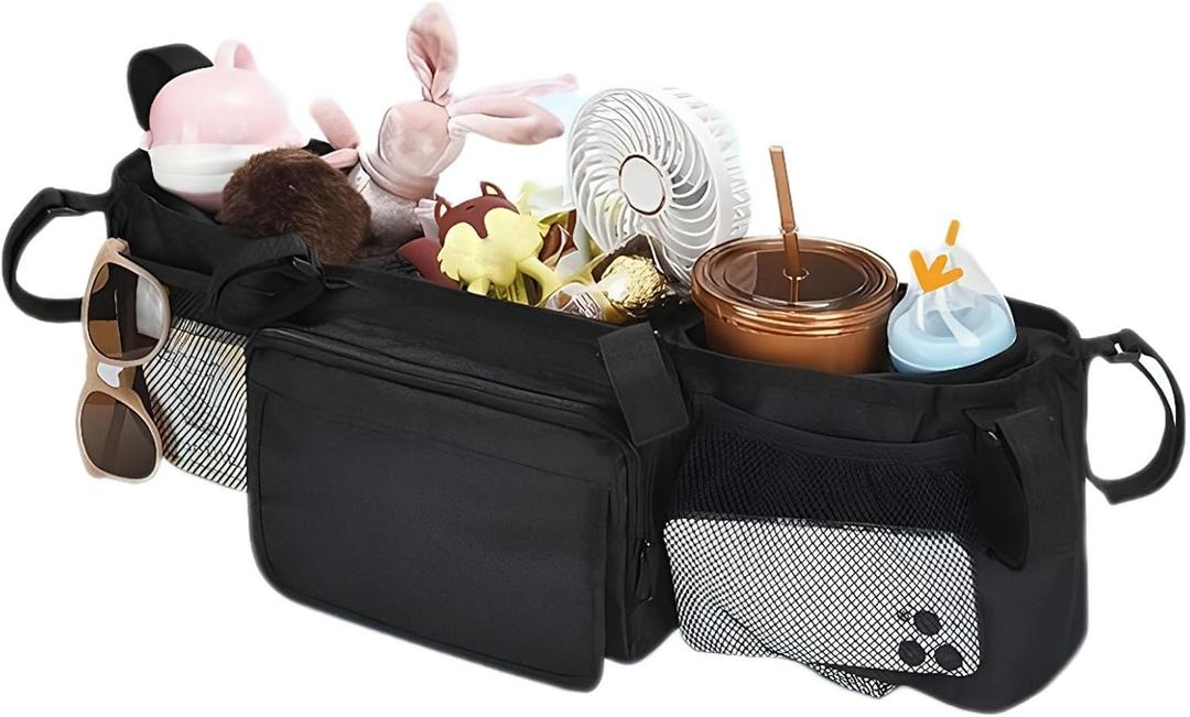 Double Stroller Caddy, Foldable Lightweight Organizer, Three Compartment Storage, Travel Accessory with Portable Design for Parents Kids Mom Dad Daily Home Outdoor Camping Walking Trips
