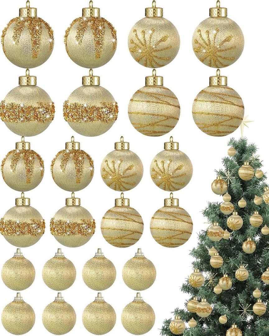 Poen 24 Pcs Christmas Balls Ornaments 3 Size Satin Silk Xmas Hanging Ball Decorations Luxury Shatterproof Christmas Tree Decor for Xmas Holiday Wedding Party Decoration (Gold)