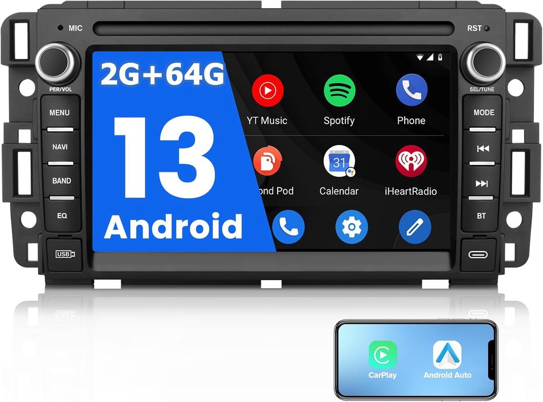 Car Stereo Radio for Chevy Silverado Tahoe GMC Sierra Yukon, Android 13 with CarPlay Android Auto Bluetooth GPS Navigation Touch Screen Head Unit, 7 Inch IPS Screen 2GB RAM+ 64GB ROM