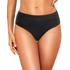 Talisea Women Full Coverage Bikini Bottoms - Mid Rise Bathing Suit Ruched Swim Bottom Swimsuit Swimwear Black, Large