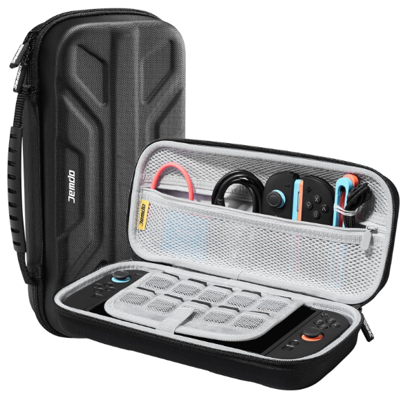 JEMDO Carrying Case Compatible with Nintendo Switch 2 (2025) – Black Slim Hard Shell with Game Card Storage, Fits Console with Attached Controllers, Mecha-Inspired Travel Bag, Gifts for Kids & Gamers