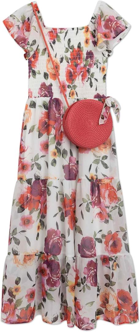 Speechless Girls Floral Flutter Sleeve Chiffon Tiered Maxi Dress with Purse, Size 8