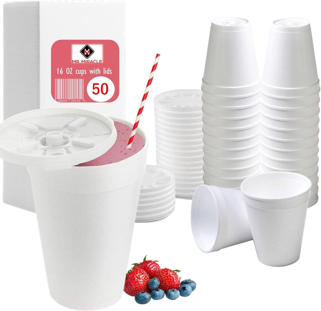 16 OZ Foam Cups With Lids for Hot & Cold Drinks, USA-Made 50-Pack.Ideal Styrofoam Coffee Cups, Insulating To-Go Cups for Soda, Tea, Juice - Sturdy, Disposable & comparable to Industry standard 16J16