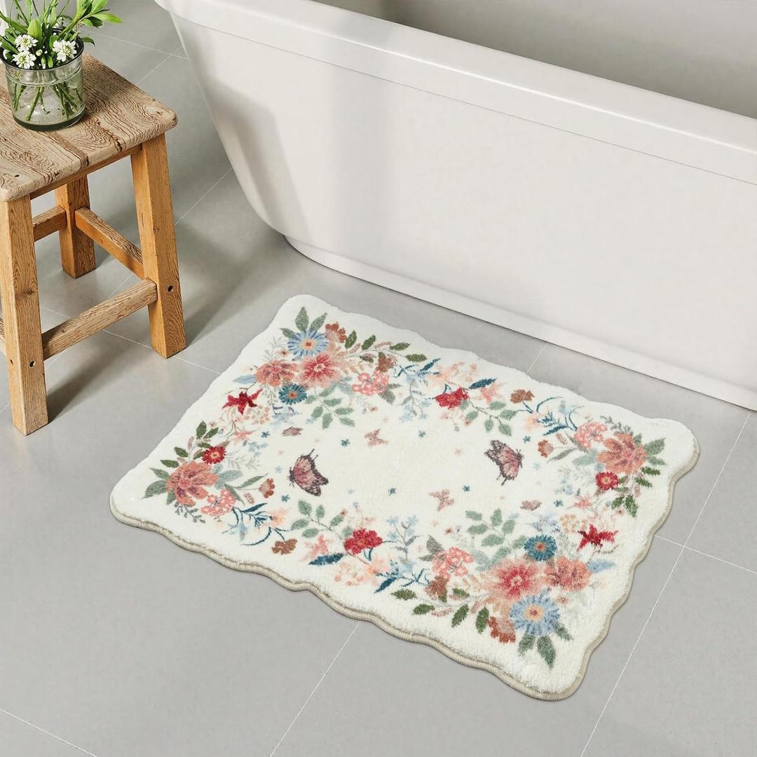 Uphome Beige Floral Bathroom Rugs Non Slip Washable, Soft Plush Irregular Shape Non Slip Bath Mat,Microfiber Machine Washable Floor Mat Carpet for Bath Sink Tub Shower,18x26