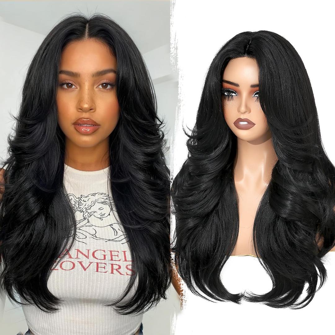 WIGER Wavy Layered Wig Pre Cut Middle Part Curly Wig with Curtain Bangs Light Yaki Glueless Synthetic Wigs for Women Heat Resistant Fiber Daily Party Cosplay Costume, Black