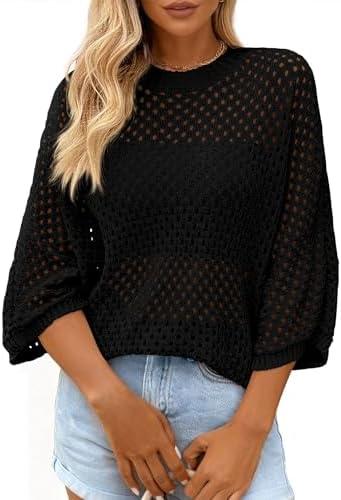 KIRUNDO Crochet Tops for Women Summer Batwing Sleeve Beach Sweater Lightweight Knit Cover Up Shirts Cruise Vacation Outfits, Medium