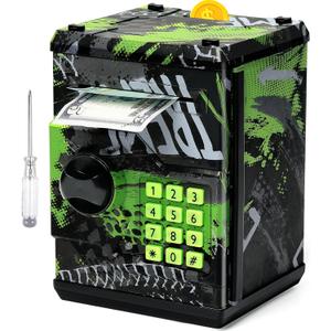 ATM Piggy Bank for Boys Girls, Vcertcpl Mini ATM Coin Bank Money Saving Box with Password, Kids Safe Money Jar for Adults with Auto Grab Bill Slot, Great Gift Toy Bank for Kids (Large, Green)