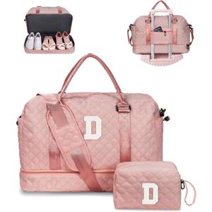 Birthday Gifts for Women-Duffle Bag with Shoe Compartment, Personalized Weekender Bag, Overnight Bag for Women with Trolley Sleeve & Wet Pocket, Letter Travel Bag with Makeup Bag (Letter D) (Pink)