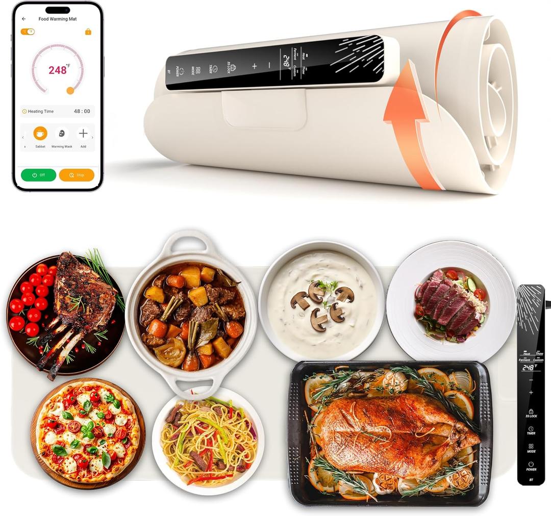 Monteka Warming Mat for Food 37"15", Electric Warming Trays with APP & Button Control, Silicone Fast Heating Mat for Countertop, Rollable Dishwasher Safe Food Warmer for Parties Buffets Home Travel