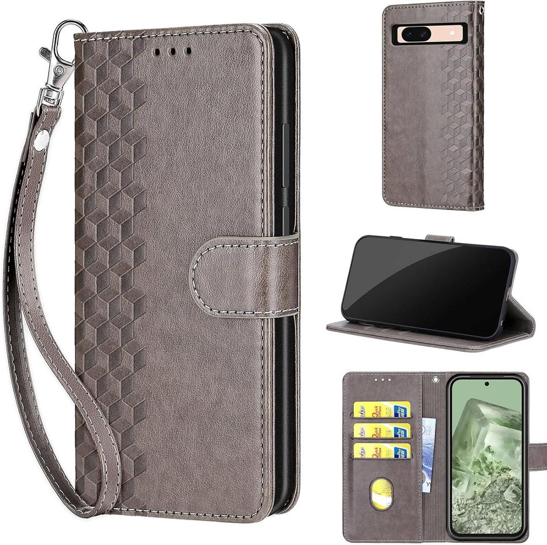 Designed for Google Pixel 8A Case Wallet,Women Flip Folio Cover with Embossed PU Leather Stand Credit Card Holders Slots Wrist Strap Phone Case for Google Pixel 8A (Gray Cube) (2)