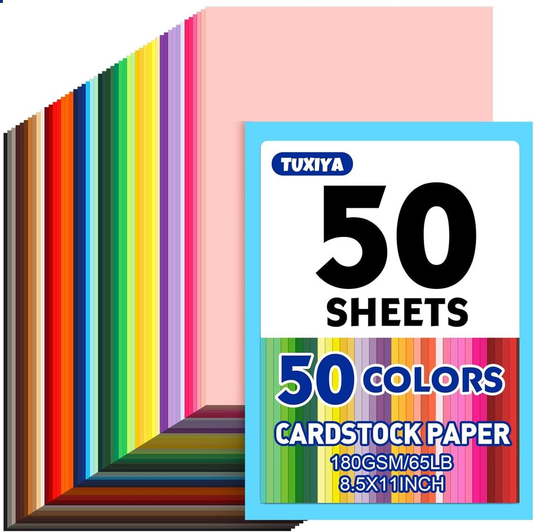 50 Sheets 8.5" X 11" Colored Cardstock, 50 Assorted Colors Construction Paper Card Stock Printer Paper for Printing, Card Making, DIY Crafts,School Supplies,Party Decorations (180GSM/65LB)