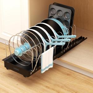 Golener Pots and Pans Organizer Under Cabinet - 22" Deep Expandable Pot Organizers inside Cabinet with 10 Adjustable Dividers &Handrail, No Drill Pot Lid Holder, Sliding Pot Lid Holder, 1 Pack (Expandable Pull-Out)