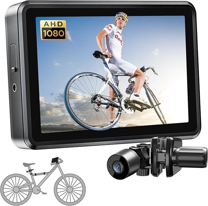 FEISIKE Handlebar Bike Mirror, Bicycle Rear View Camera with 4.3'' HD Night Vision Function, 145° Wide Angle View, Adjustable Rotatable Bracket, Compatible with Bicycle, Mountain, Road Bike