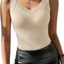 CHICME Contrast Lace V Neck Women Built-in Bra Tank Tops Sleeveless Casual Fleece Lined Slim Fit Shaping Camisole Vest (Medium, Nude)
