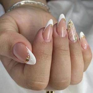 5 x White French Tip Press on Nails Almond Fake Nails Medium False Nails with Gold Glitter Design Glue on Nails Ombre Full Cover Stick on Nails Glossy Acrylic Nails for Women Fall Manicure 24Pcs