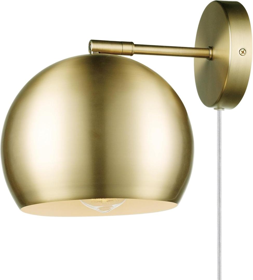Globe Electric 51577 1-Light Plug-in or Hardwire Wall Sconce, Matte Brass, White Fabric Cord, in-Line On/Off Rocker Switch, Kitchen, Reading Essentials Bedroom, Bedside Lamp, Lighting