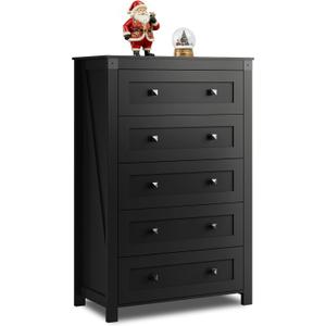 WLIVE Rattan Dresser for Bedroom, 50" Tall 5 Drawer Wooden Chest of Drawers, Boho Dresser Closet Storage Organizer for Living Room, Hallway, Light Oak (Black)