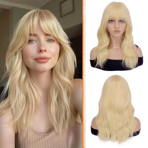 Haloo Blonde Wigs with Bangs - 19 Inch Natural Wavy Synthetic Heat Resistant Medium Length Hair Wigs for Women Daily Party, Blonde