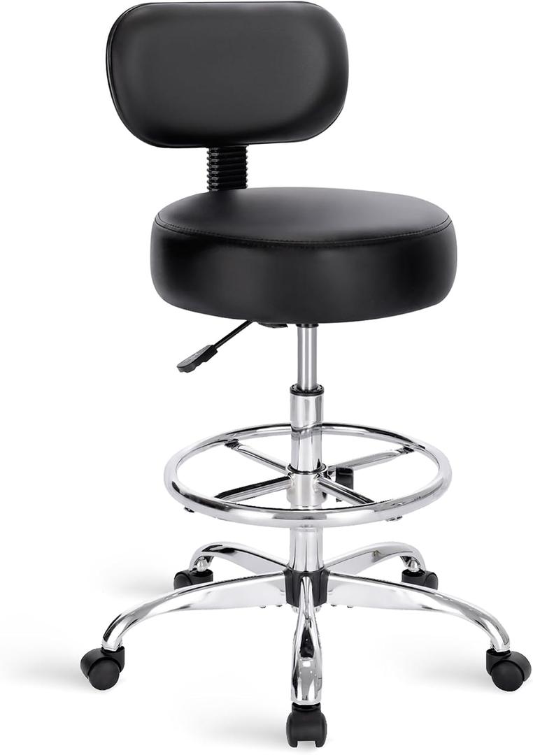 SUPERJARE Drafting Chair with Back, Adjustable Foot Rest Rolling Stool, Multi-Purpose Office Desk Chair, Thick Seat Cushion for Home Bar Kitchen Shop - Black, 23.6"d X 23.6"w X 35.8"h