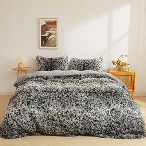XeGe Leopard Print Fluffy Faux Fur Duvet Cover Set, 3 Pieces Soft Plush Shaggy Fuzzy Bedding Set(1 Faux Fur Cheetah Print Comforter Cover + 2 Furry Pillowcases), Zipper Closure(Queen, Grey)