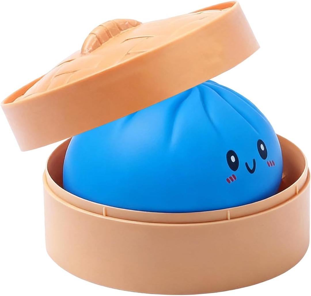 Dumpling Squishy Toy, Dumpling Squishy Mystery Box, Colorful Dumplings Stress Balls Fidget Sensory Toy, Squeeze Dough Ball Stress Relief Hand Toys with Food Steamer Stretchy Desk Toys (Blue)