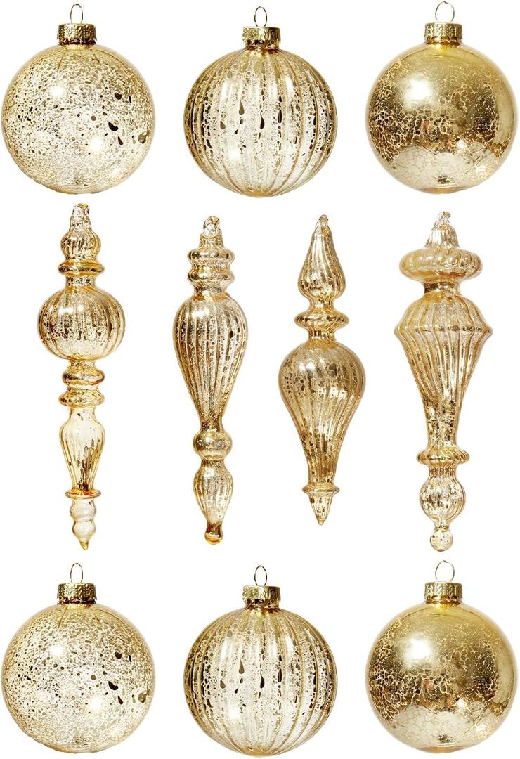 DN DECONATION Mercury Glass Christmas Ornaments, Vintage Teardrop & Ball Ornament, Decorative Hanging Finials Decor for Xmas Tree, Winter Wedding, Party, Holiday Home (10-Pieces, Champagne Gold) (Set of 10)