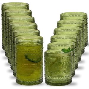 Moretoes Hobnail Drinking Glasses Set of 12, 12 Oz Highball Glasses & 10 Oz Cocktail Glasses, Green Embossed Boho Glass Cups Kitchen Bar Tumbler Glassware Set for Whiskey, Beer, Juice, Milk