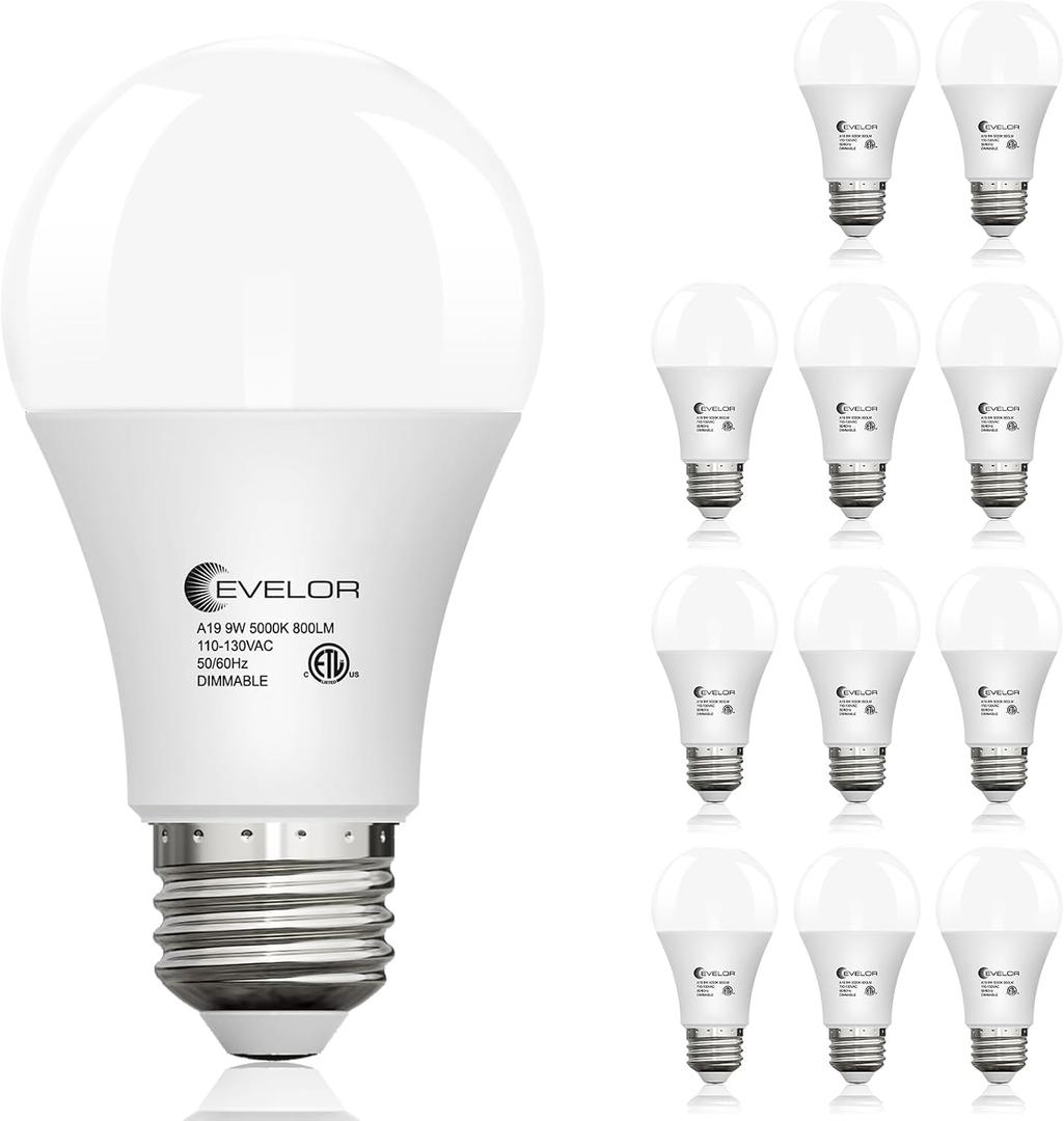 evelor 12-Pack A19 LED Light Bulbs,60 Watt,Daylight 5000K,Dimmable,E26 Base | Efficient 9W,800 Lumens White LED Bulbs,15000 Hours,Ideal for Bedroom Living Study Room