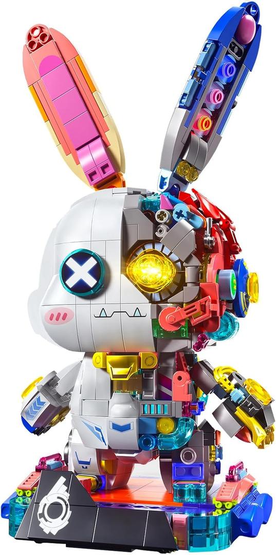Mechanical Rabbit Building Set - Punk Style Animal Collection Toy Robot Bunny Sets with LED Light Neon Style Collectible Building Toy Home Decor Gift for Boys Girls Adults Teens Kids Ages 12+, 1377PCS