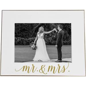 5x7 Mr. & Mrs. Frame - Wedding Picture Frame, White with Gold Calligraphy, Holds 5x7 Photo, Easel-Back & Wall Mountable