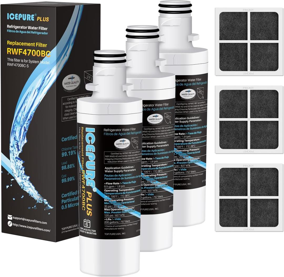 ICEPURE PLUS ADQ747935 NSF/ANSI 53 Certified Replacement for LG LT1000P MDJ64844601, Kenmore Elite 9980, LT1000PC ADQ74793501 LT1000 RWF4700A RWF4700AB Refrigerator Water and LT120F Air Filter, 3 Combo