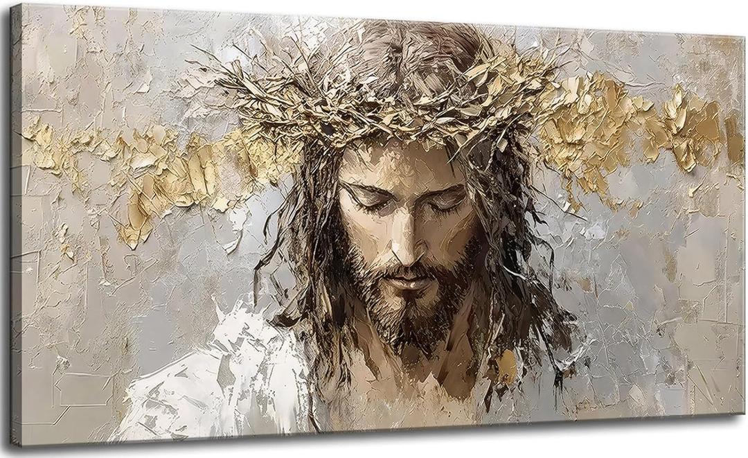 Large Jesus Portrait Canvas Wall Art Abstract Gold Thorns Jesus Painting Decor Pictures Beige Gray Christian God Posters Prints for Dining Living Prayer Room Kitchen Church Wall Bedroom Decoration (40"L x 20"W)