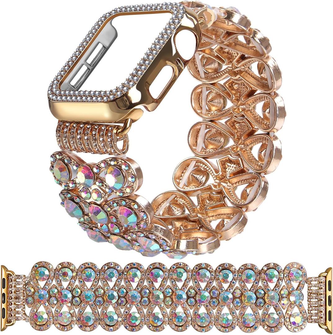 VIQIV Bling Dressy Bracelet with Case Compatible with Apple Watch Bands 38mm 40mm 41mm 42mm 44mm 45mm 49mm for Women Strethy, Stretch Smart Watch Bands for Women, Cute Jewelry Metal Wristband Strap for iWatch Ultra 2/Ultra Series 9/8/7/6/5/4/3/2/1/SE (Gold Colorful)
