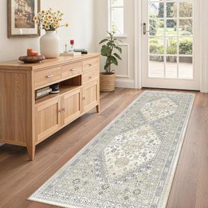 zesthome Runner Rug 2x5 - Stain Resistant Machine Washable Rug, Non Slip Vintage Hallway Runner Rugs, Low Pile Lightweight Runners for Kitchen, Entryway and Corridor (Beige/Grey)