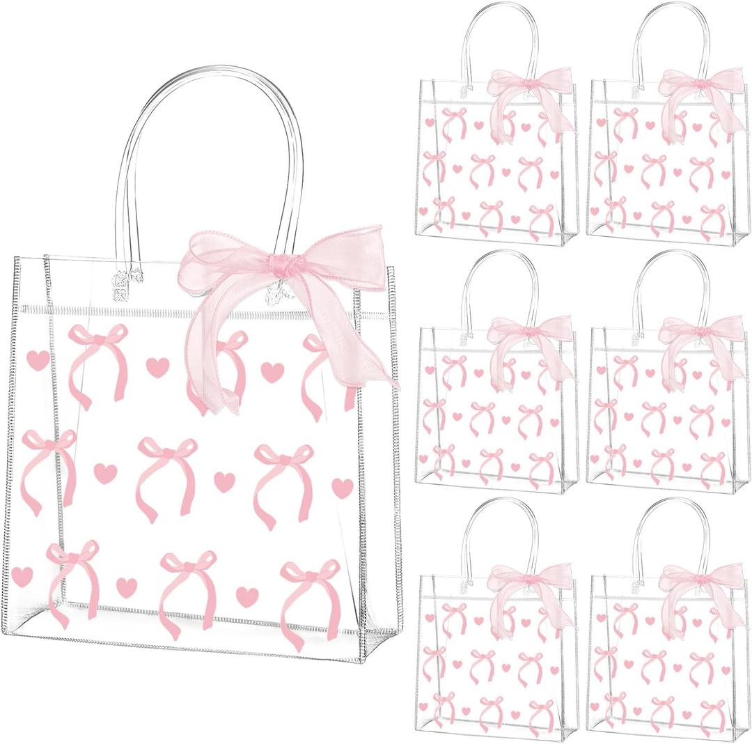 QOUBAI 24Pcs Pink Bow Clear PVC Gift Bags With Handles Bow Goodie Treat Candy Bag Pink Bows Theme Present Wrap Tote Bags for Birthday Party Favor Baby Shower Decoration Supplies 8 x 8 x 3in