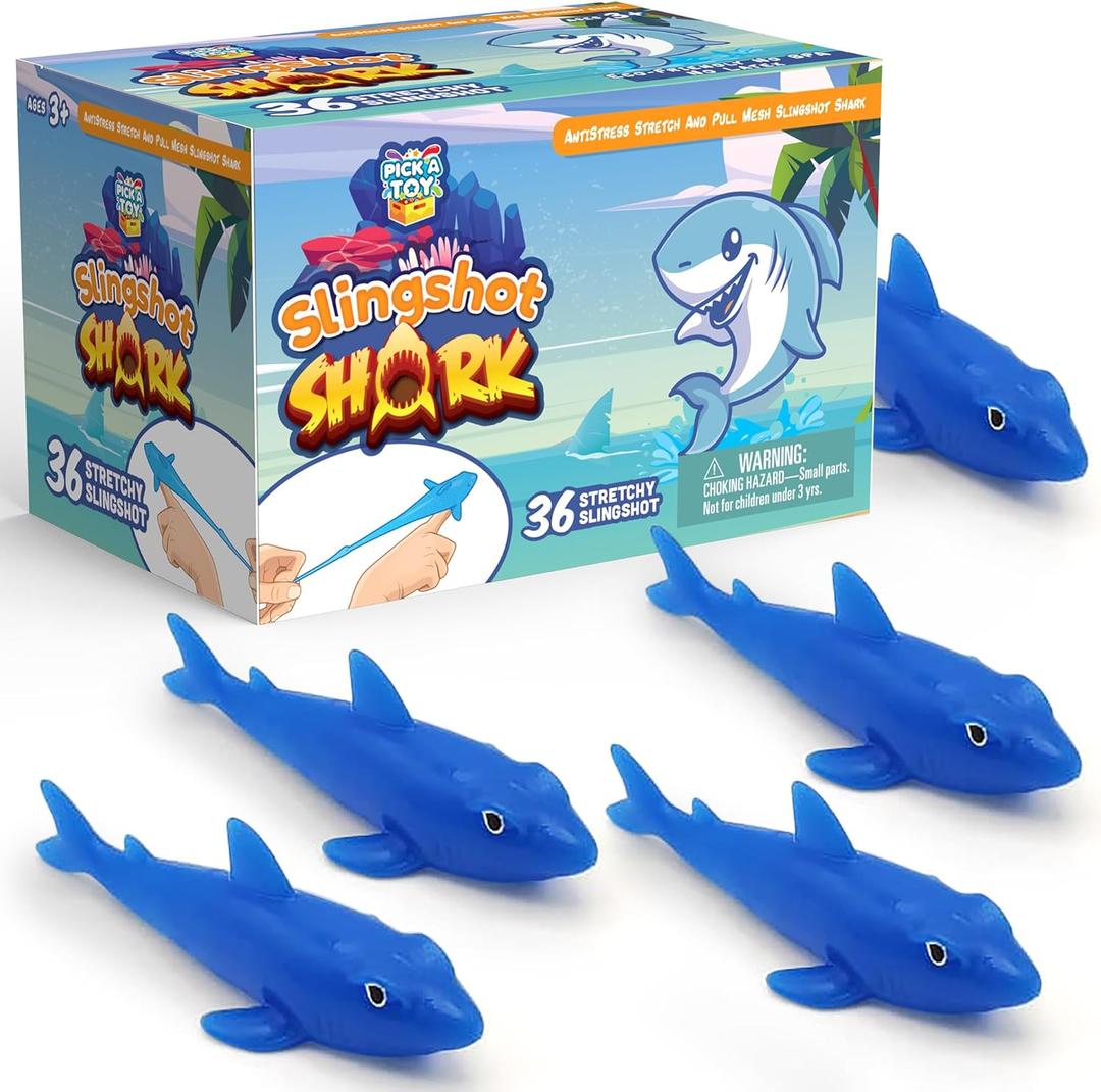 PICK A TOY 36 Pcs Shark Party Favors Stretchy Slingshot Toys, Mini Toys, Birthday Goodie Bags Stuffers, Sea Animal Party Decorations, Fish Shooter Game Finger Flicker, Easter Basket Stuffer