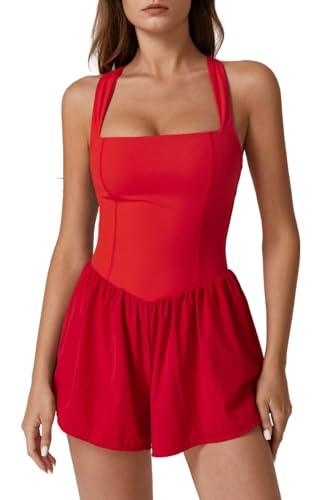 QINSEN Women's Tank Top Romper Square Neck Sleeveless Y2k Shorts Jumpsuit Playsuits Red XL