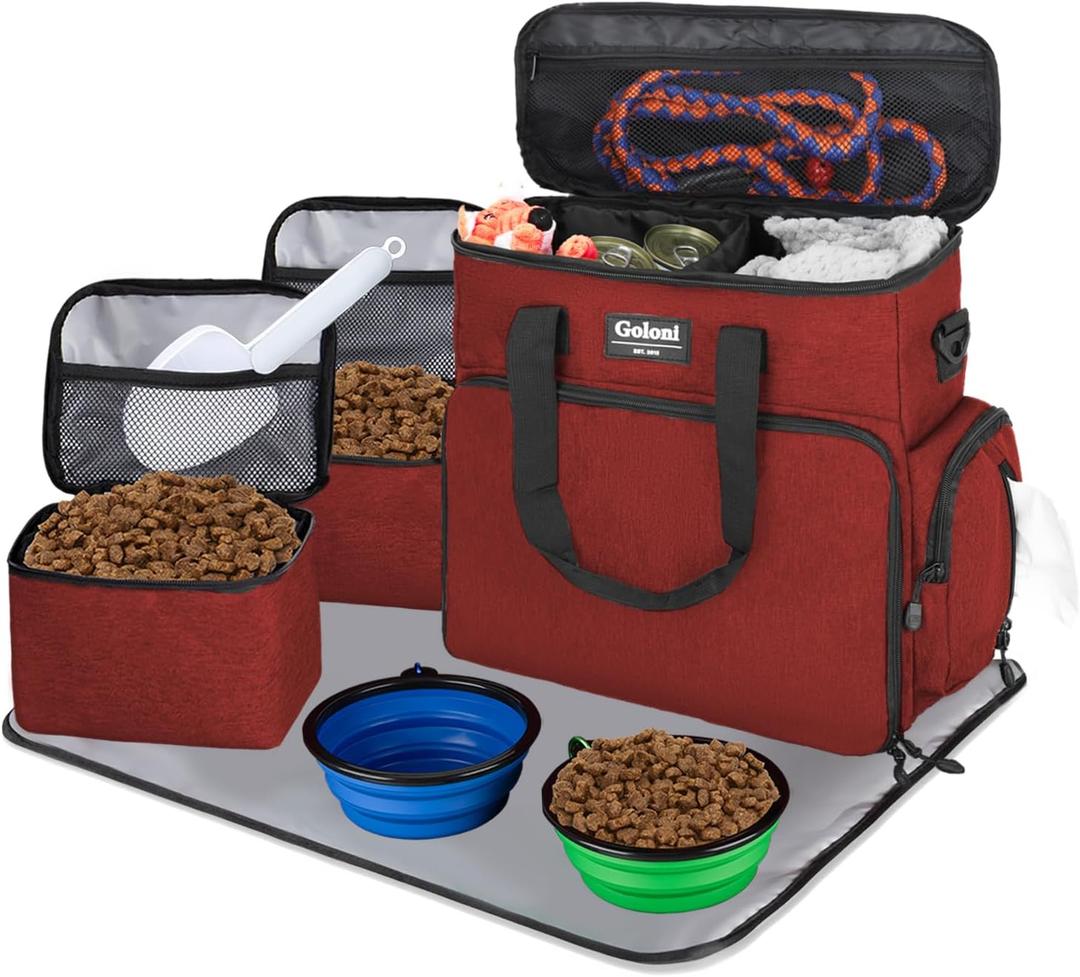 Dog Travel Bag Airline ApprovedPet Travel Tote with Collapsible Bowls,Food Containers & Feeding MatMulti-Pocket Organizer for Dogs & Cats, Durable & Water-Resistant for Hiking,Trips,Outdoors (Red)