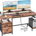 Furologee 55" Computer Desk with File Cabinet and Power Outlets, Home Office Desk with 2 Movable Monitor Stands and Storage Drawer, Writing Table with Shelves and 2 Hooks for Bedroom, Rustic Brown