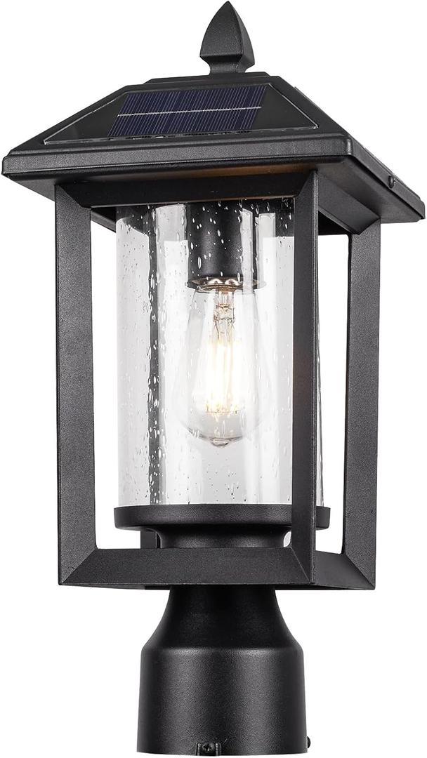 Solar Lamp Post Light, Solar Post Lights Outdoor, Waterproof Anti-Rust Black Post Lights with Seeded Glass, LED Solar Powered Lamp for Front Door, Porch, Garage, and Patio （Bulb Included） SR012-P, 14.57"-1pack-SR012