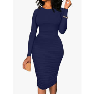 Women's Ruched Long Sleeve Elegant Bodycon Basic Casual Midi Dress Size M, Navy