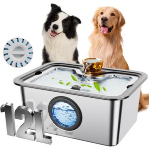 12L/3gal Stainless Steel Large Dog Water Fountain for Large Dog, Electric Pet Water Dispenser with Water Level Window&LED, Cat and Dog Fountain Water Bowl for Multi-Pet Home,Super Quiet