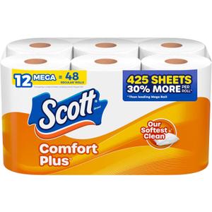 Scott ComfortPlus Toilet Paper, 12 Mega Rolls, 425 Sheets per Roll, Septic-Safe, 1-Ply Toilet Tissue