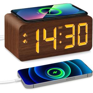 URAYCO Wood Digital Alarm Clock with 10W Fast Wireless Charger, USB Charging Ports, DST, Dimmable, Snooze, Large Number LED Display for Bedrooms, Desk, Living Room Table, Bedside, Nightstand (Brown)