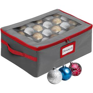 HOLDN STORAGE Christmas Ornament Storage Box with Dividers - Fits 48-3 Ornaments, 2 Removable Trays, Durable & Space-Saving, Clear Top Lid, Fits Underbed, Grey 