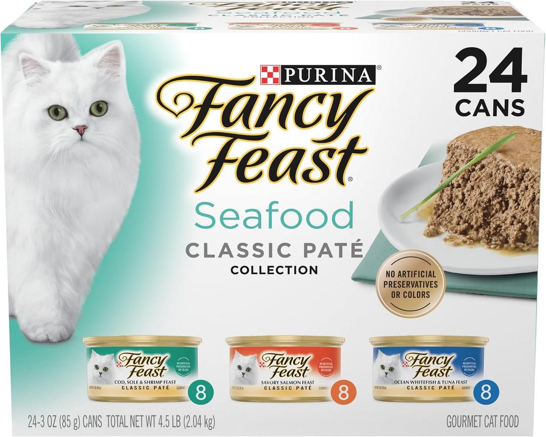 Purina Fancy Feast Seafood Classic Pate Collection Grain Free Wet Cat Food Variety Pack - (Pack of 24) 3 oz. Cans (EXP 03/01/27)