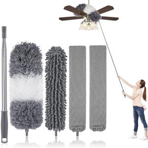 Microfiber Feather Duster Kit with Extension Pole (30100")  Bendable Washable Heads, Extendable Dusters for Cleaning Ceiling Fan, High Ceiling, Blinds, Furniture & Cars (5 Pcs) (Gray)