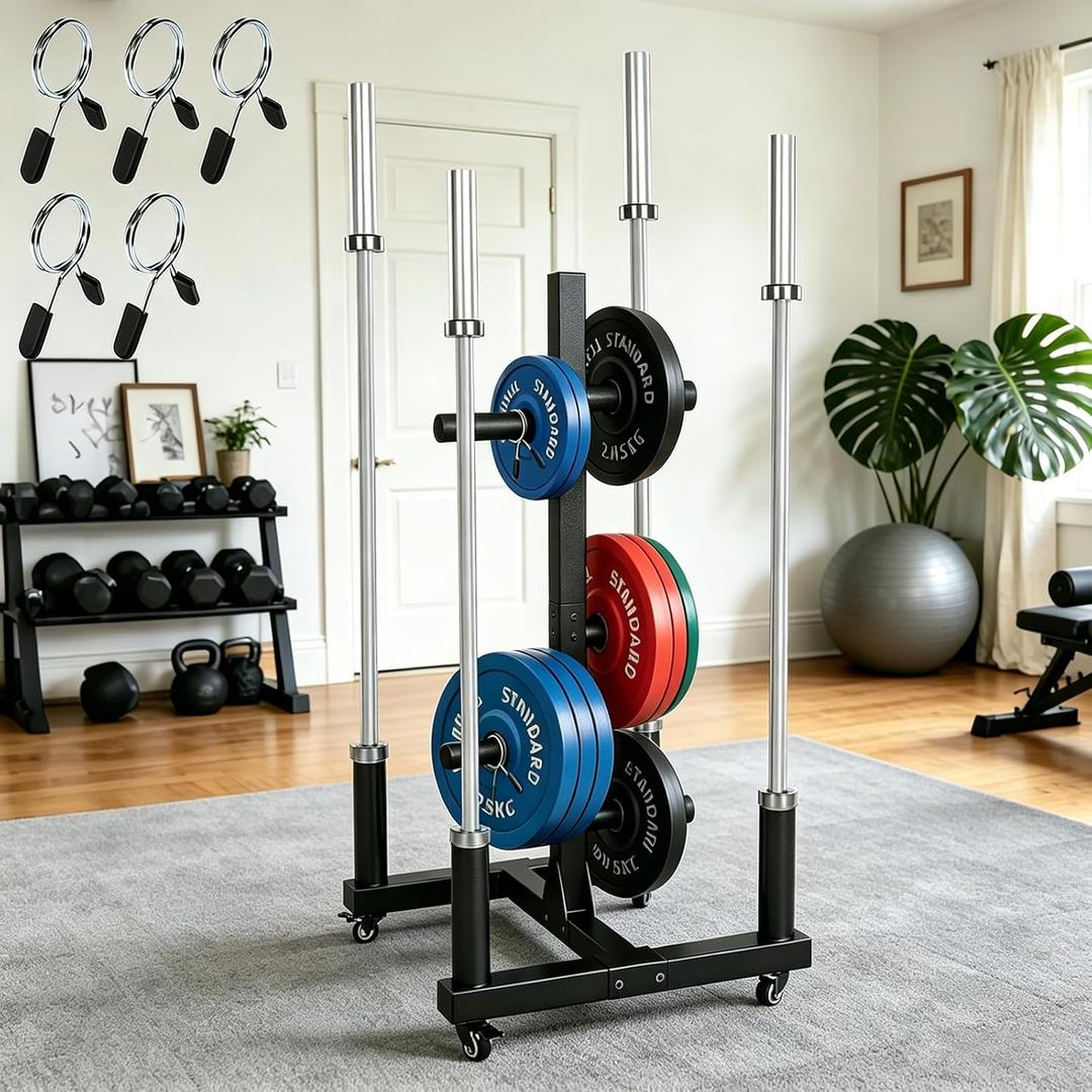 Weight Plate Rack for 2-inch Olympic Bumper Plate and Barbell, Weight Tree with 800 LBS Capacity, Heavy Duty Storage Racks with 4 Barbell Holder & Lockable Wheels for Home Gym & Garage Gym