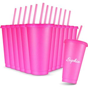 Amyhill 12 Pcs Reusable Glitter Cups with Lids and Straws 24 oz Plastic Tumbler Iced Coffee Cup Travel Mug for Smoothie Juice Sleepover Wedding Graduation Party Supplies Girl(Hot Pink) | Reusable, with Lids and Straws, Tumbler, Iced Coffee Cup, Travel Mug, Party Cups