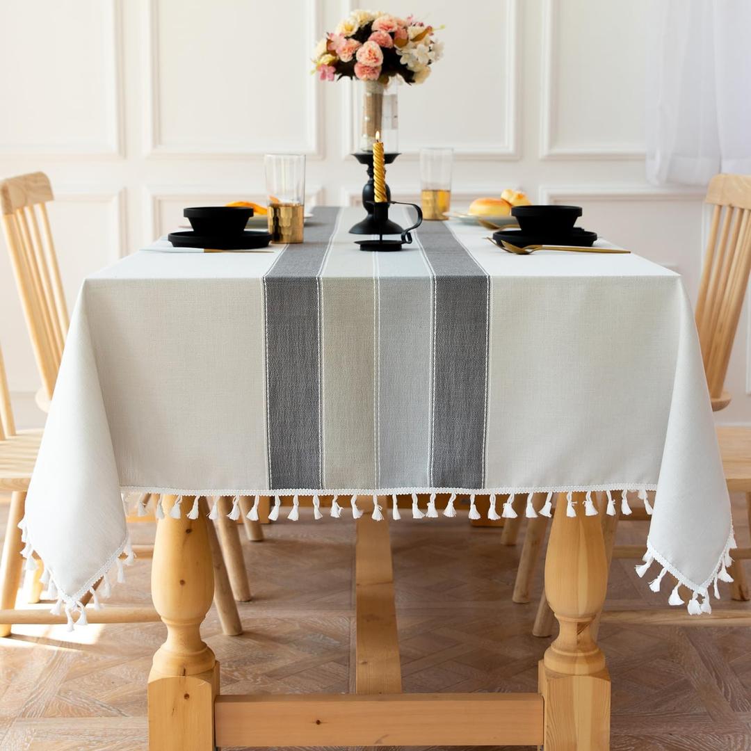 Laolitou Rustic Tablecloth Cotton Linen Waterproof Tablecloths Burlap Table Cloths for Kitchen Dining Cloth Table Cloth for Rectangle Tables Light Grey Stripes Square,55"x 55",4 Seats